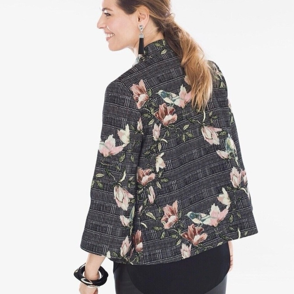Chico’s Tapestry Blazer Jacket- Embroidered Floral Bird Black Size LG